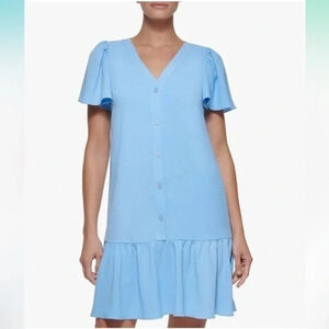 DKNY Zelda Blue Front Button Ruffle Hem Short Sleeve V-Neck Dress Size 10 NWT